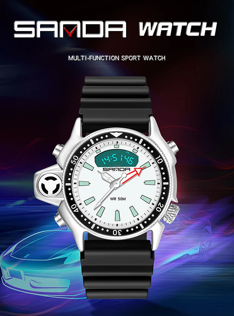 SANDA Mode Sport Männer LED Digital Uhren Dual Display Quarz Armbanduhr Im Freien Wasserdichte Militär Armbanduhren Herren Uhr – Detail 1