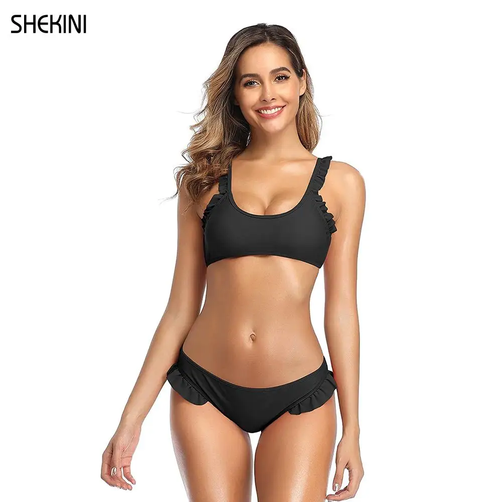 

SHEKINI Women's Ruffle Bikini Set Back Criss-Cross Straps Swimwear Low Waist Swim Bottom Two Piece Swimsuits Beach Bathing Suits