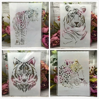 Plantillas de capas para pintura de pared, plantilla decorativa para álbum de recortes, estampado de Tigre, leopardo, Lobo, 29cm, A4, 4 unidades