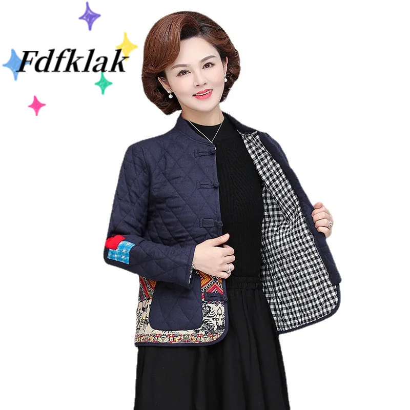 

Fdfklak Autumn Winter Mothers Wear Retro Ethnic Short Jacket Splicing Disc Buckle Coat Parka Manteau Femme Kurtka Zimowa Damska