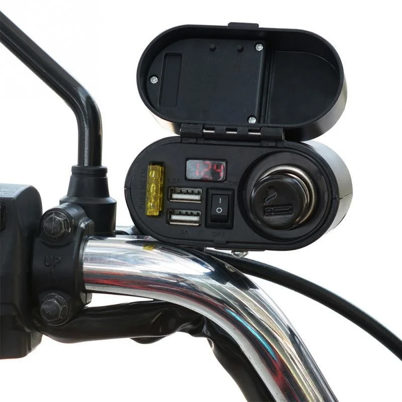 Motorcycle Waterproof Car Cigarette Lighter Socket Kit Dual Moto Usb Charger Power LED Voltmeter Time Display For Boat ATV