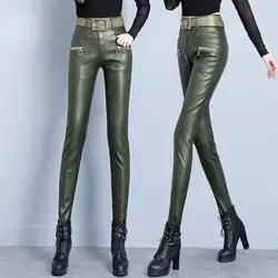 Womens Fashion Genuine Leather Pants 2020 Winter New Velvet Slim Pants High Waist Leggings Pencil Pants Leather Pants Pu Pants