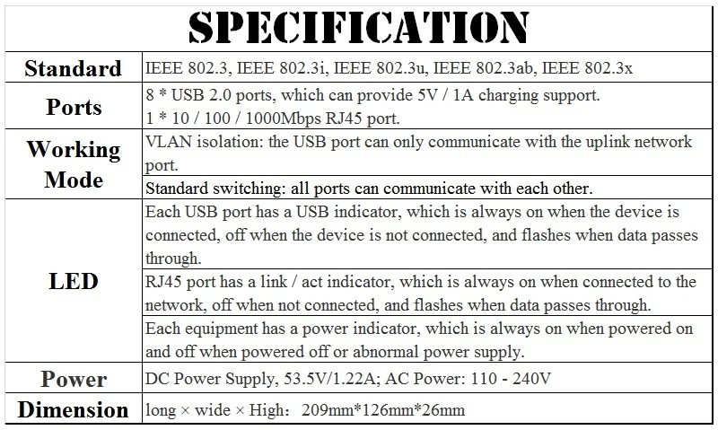 Internet Access by USB Port, Mobile Smart Phone Wired Networking Connection, 1000M Gigabit 8 USB Wired Networking Switch