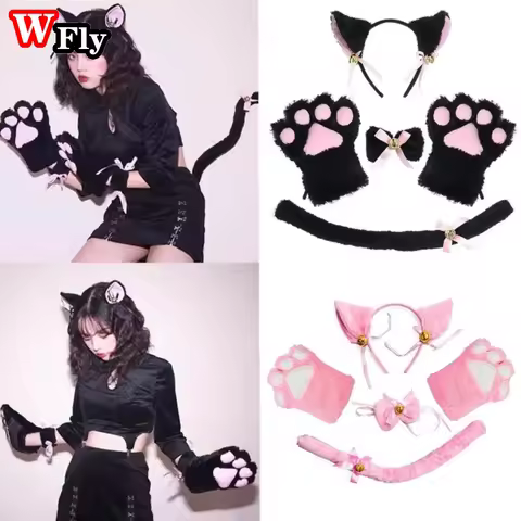 Cosplay Lolita kawaii Anime Costume Accessories Hairwear Hairband with Cat Ears and Tail Set Maid Plush Glove Tail Paw Ear Props