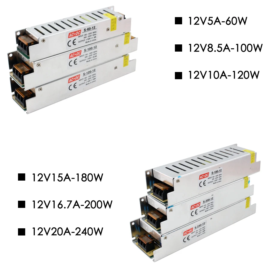 Long Bench Transformer AC TO DC 220V 12V 24V 3A 5A 8.5A 10A 12.5A 15A 20A 30A Switching Power Supply Converter 12V Power Voltage