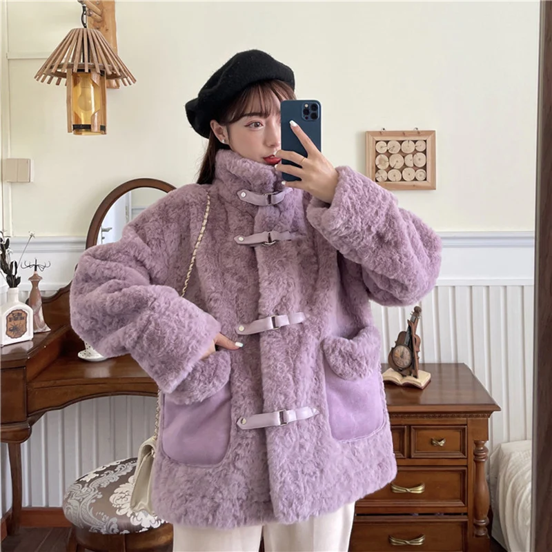 2024 Womens Casual Thick Warm Outwear Faux Lamb Fur Jacket Loose Winter Coat Woman Candy Colors Fur Jacket Coats