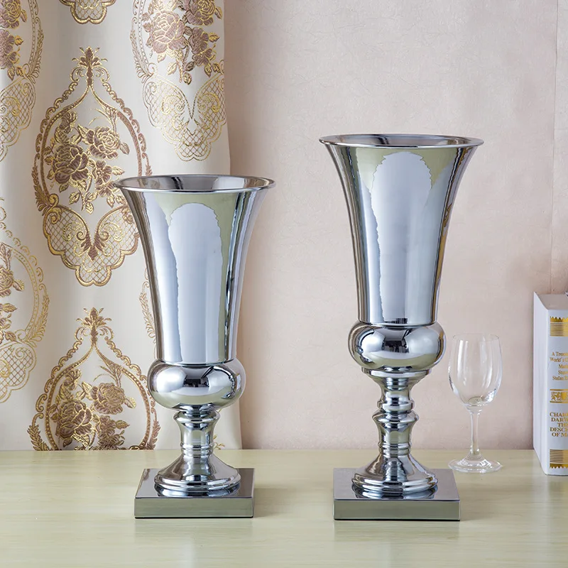 PEANDIM Shiny Silver Metal Candle Holder Celebration Party Decoration Wedding Flower Vase Strands Road Lead 40cm & 43cm