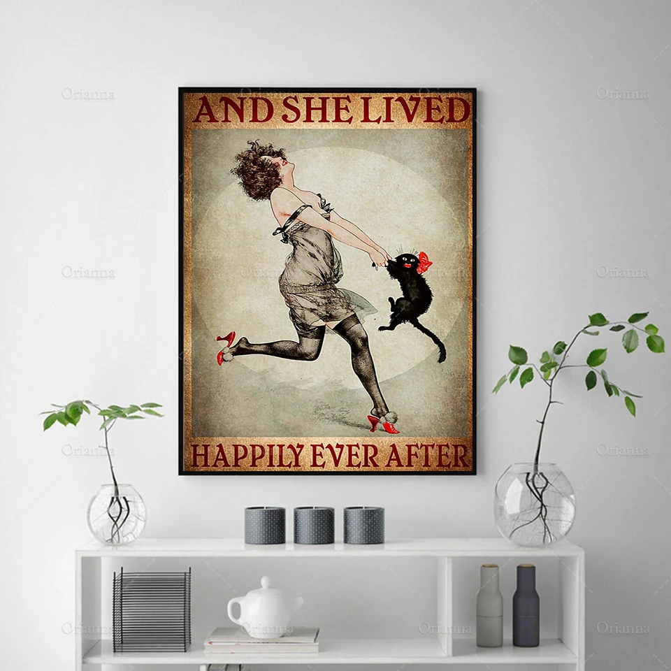 And She Lived Happily Ever After Poster, Black Cat Print, Dance With Cat Poster, Vintage Poster, Wall Decoration Signs For Home