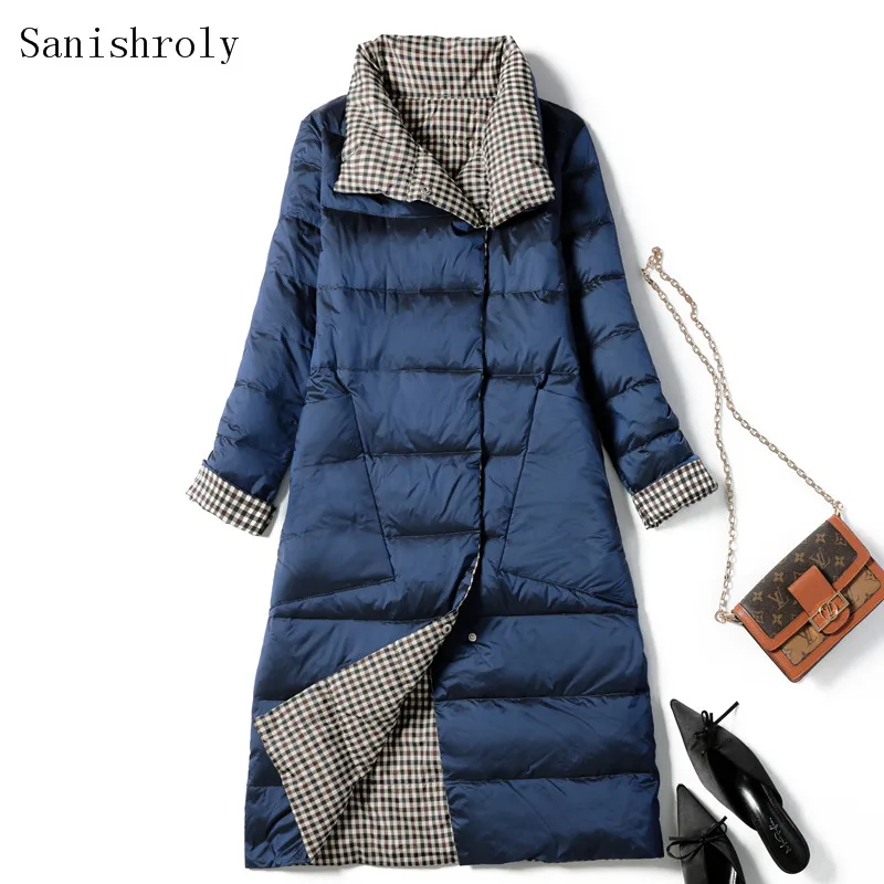 Double Sided Coat 2021 Autumn Winter Women Long Plaid Down Jacket Female Single-breasted Warm Light White Duck Down Coats Parka