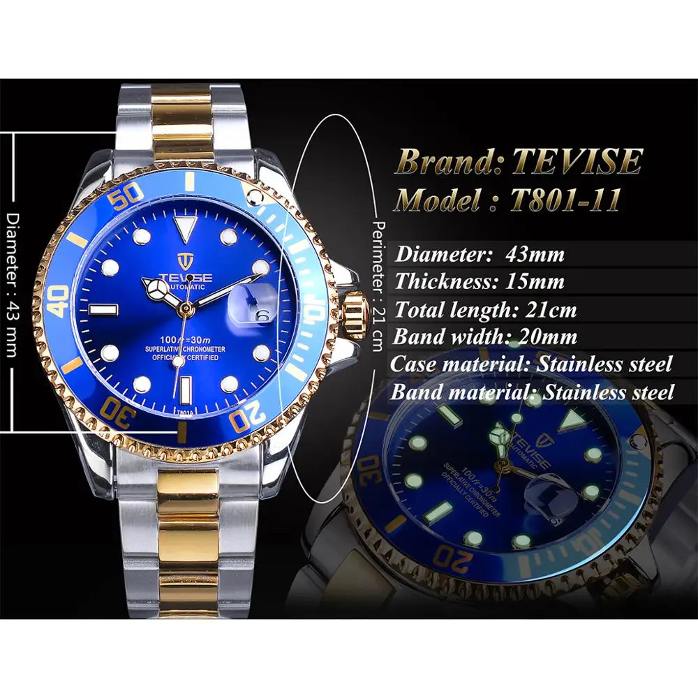 Tevise Deep Ocean Design 2020 Fashion Calendar Royal Blue Mens Automatic Mechanical Wrist Watch Top Brand Luxury Male Clock