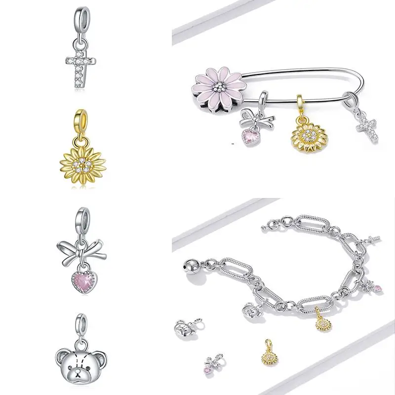 bamoer 925 Sterling Silver Small Pendant Love Bow Pink Heart Sunflower Cross Little Daisy Charm fit Brooch Bracelet DIY BSX004