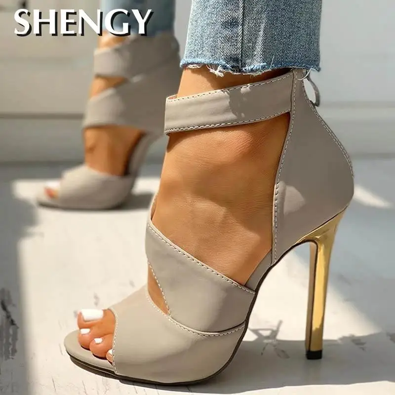 NEW Thin Heels Women Summer Thin High Heels Zipper Peep Toe Sandals Office Hollow Out Sandals Shoes Woman High Heels Party Pumps