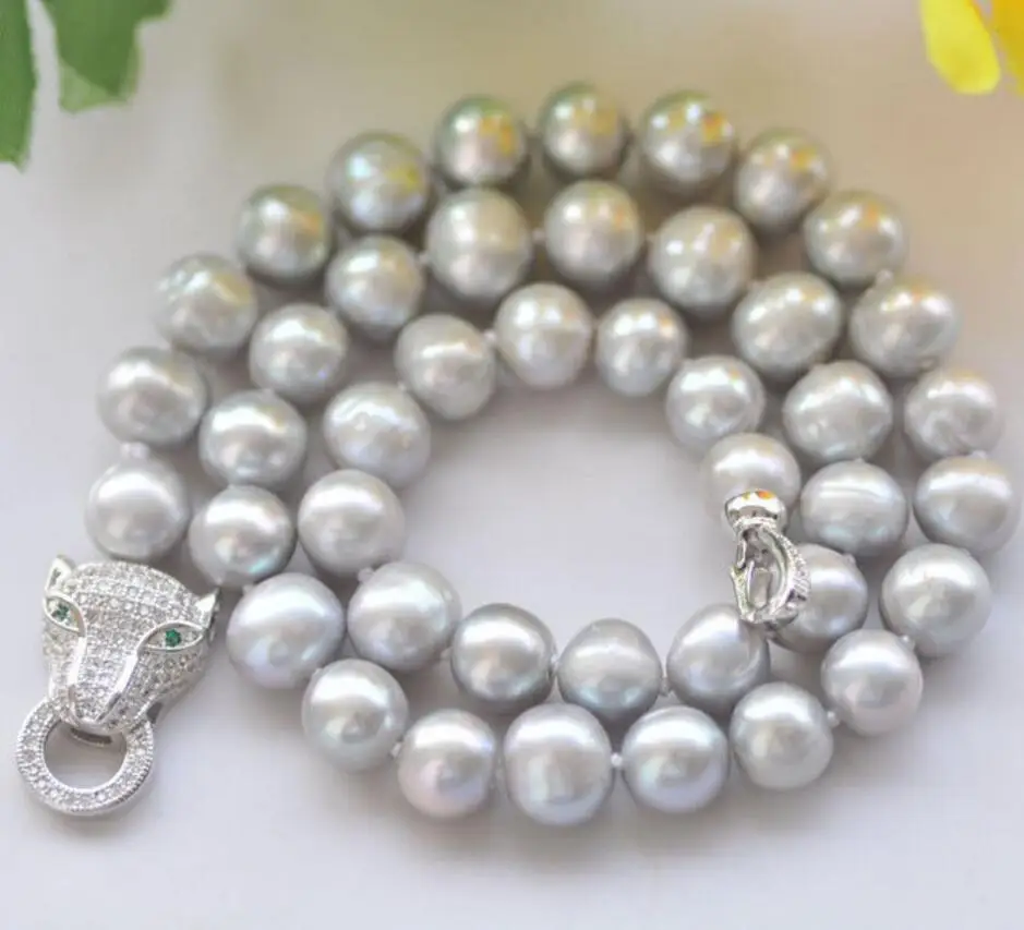 

Free shipping Natural breeding freshwater gray pearl 9-10MM 18" leopard head clasp