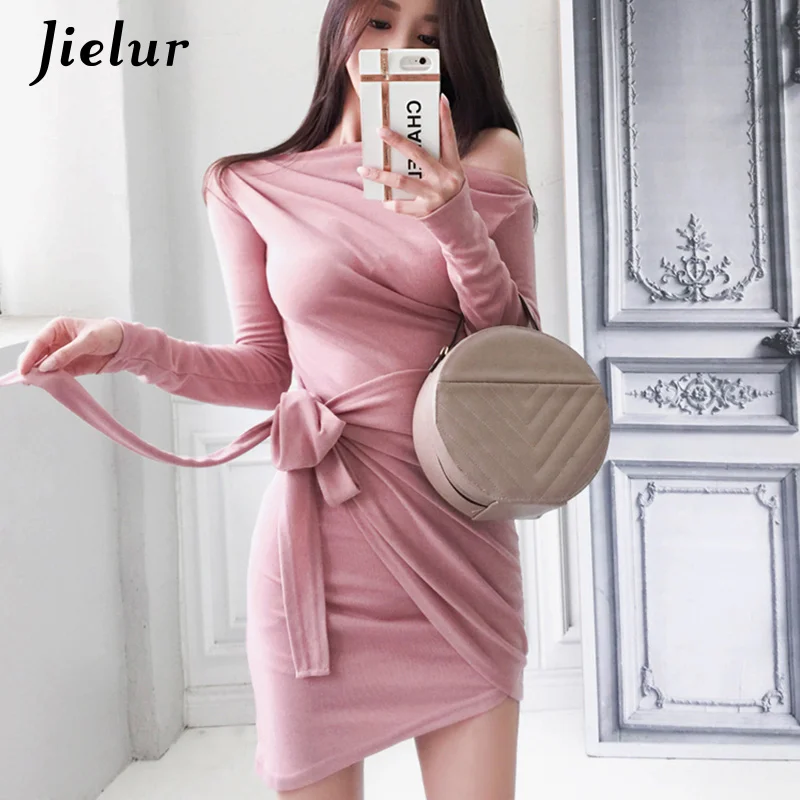 Jielur – Robe de couleur unie pour femmes, Sexy, slim, manches longues, ceinture, nouvelle collection automne S-XL