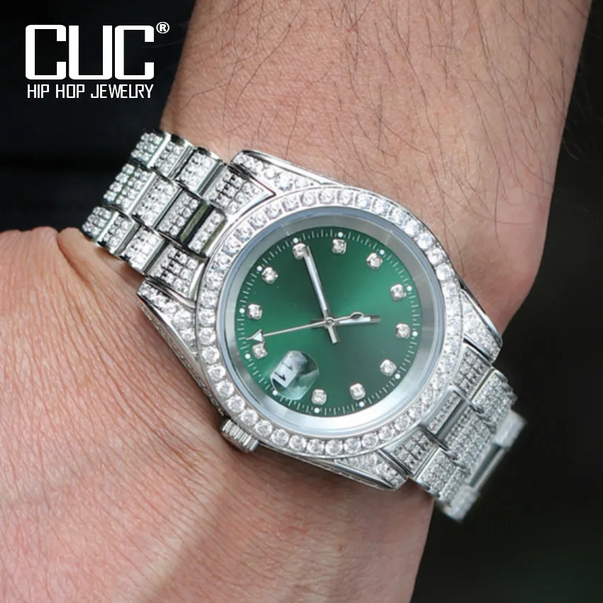 Ice Out Zircon Green Watches For Men Stainless Steel Mesh Belt Green Quartz Watch Hip Hop Jewelry Relogio Masculino