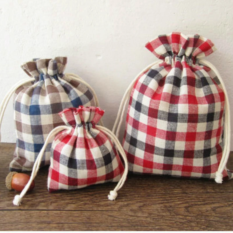 20PCS Plaids Linen Drawstring Bag Cosmetic Makeup Pouch Jewelry Sachet Decorative Packaging Wedding Party Gift Bag Print Logo