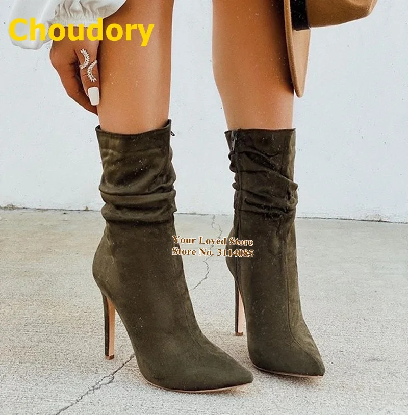 Choudory Ladies Military Green Suede Ankle Boots Stiletto Heels Pointed Toe Folded Dress Boots Elegant Pleated Zipped Booties