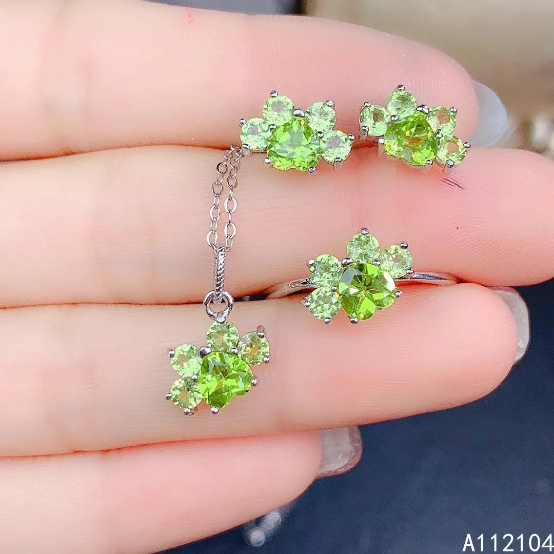 KJJEAXCMY fine jewelry 925 sterling silver natural Peridot women lovely trendy print gem earrings ring pendant suit support dete