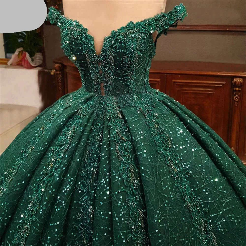 Vestido de novia con cuentas de lentejuelas verdes árabes, hombros descubiertos, encaje, vestidos de fiesta de noche, tren de barrido, musulmán, personalizado