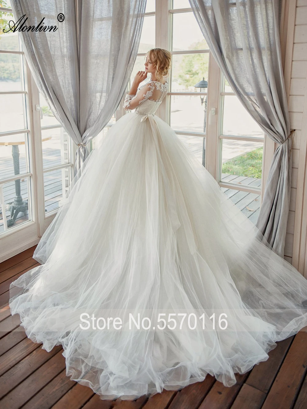 Alonlivn Customize Made Vestido De Noiva Elegant Tulle Wedding Dress O-Neck Princess Ball Gown Bridal Gown Applique Beaded Sash