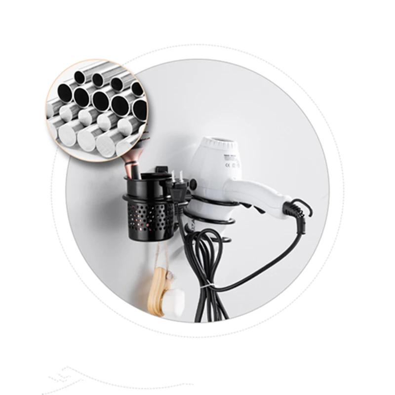 Black/Silver Hair Dryer Bracket Hanging Hair Dryer Organiser Shelf Wall Mounted Nail-perforated Bathroom Hardware Stand Aluminum