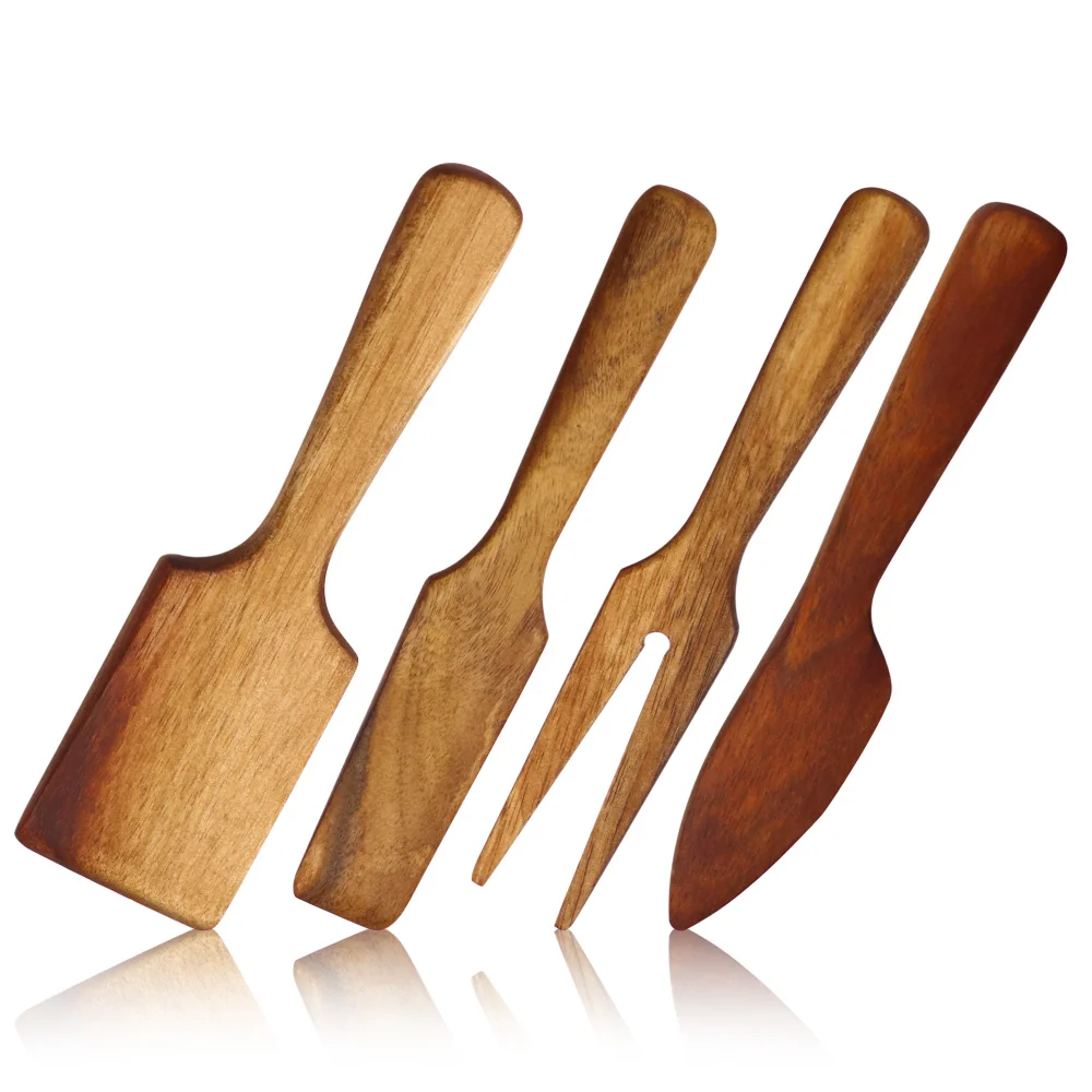 Jaswehome 4pcs Acacia Wooden Cheese Knives Set Cheese Slicer Cutter Wooden Cheese Spreader Cream Scraper Cheese Fork Cheese tool