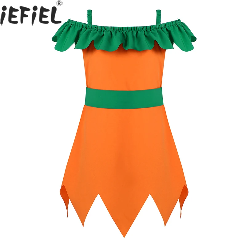 Kids Girls Halloween Pumpkin Dress Cosplay Fancy Dresses Sleeveless Elastic Shoulder Straps Ruffled Neck Costume with Waistband