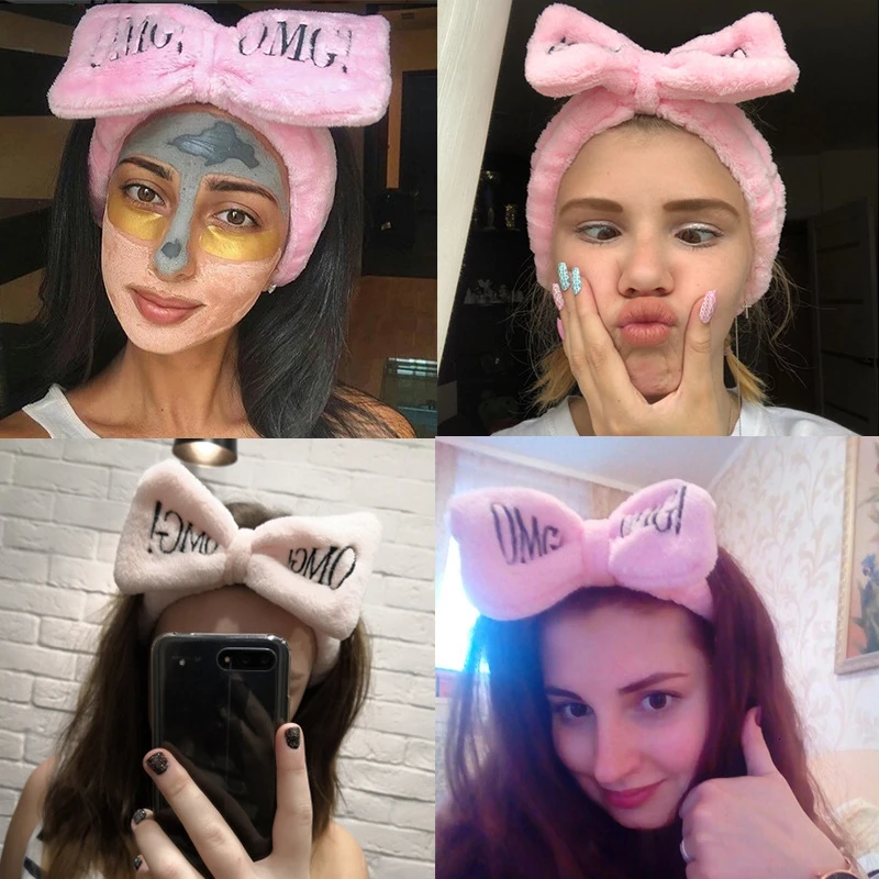 OMG Hairband Bow Face Washing Headwear For Women Fashion Korean Embroidered Letter Coral Fleece Hair Headband Hair Accessories