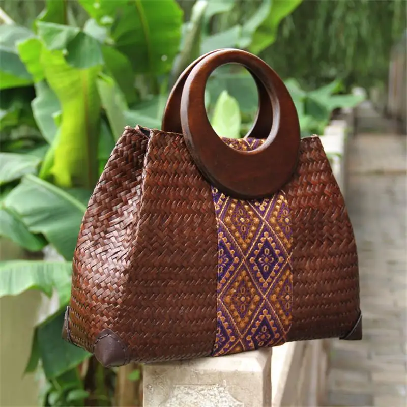 38x27CM Thailand Straw Bag Rattan Handbag Retro Vacation Women Literary Style Fashion a6106