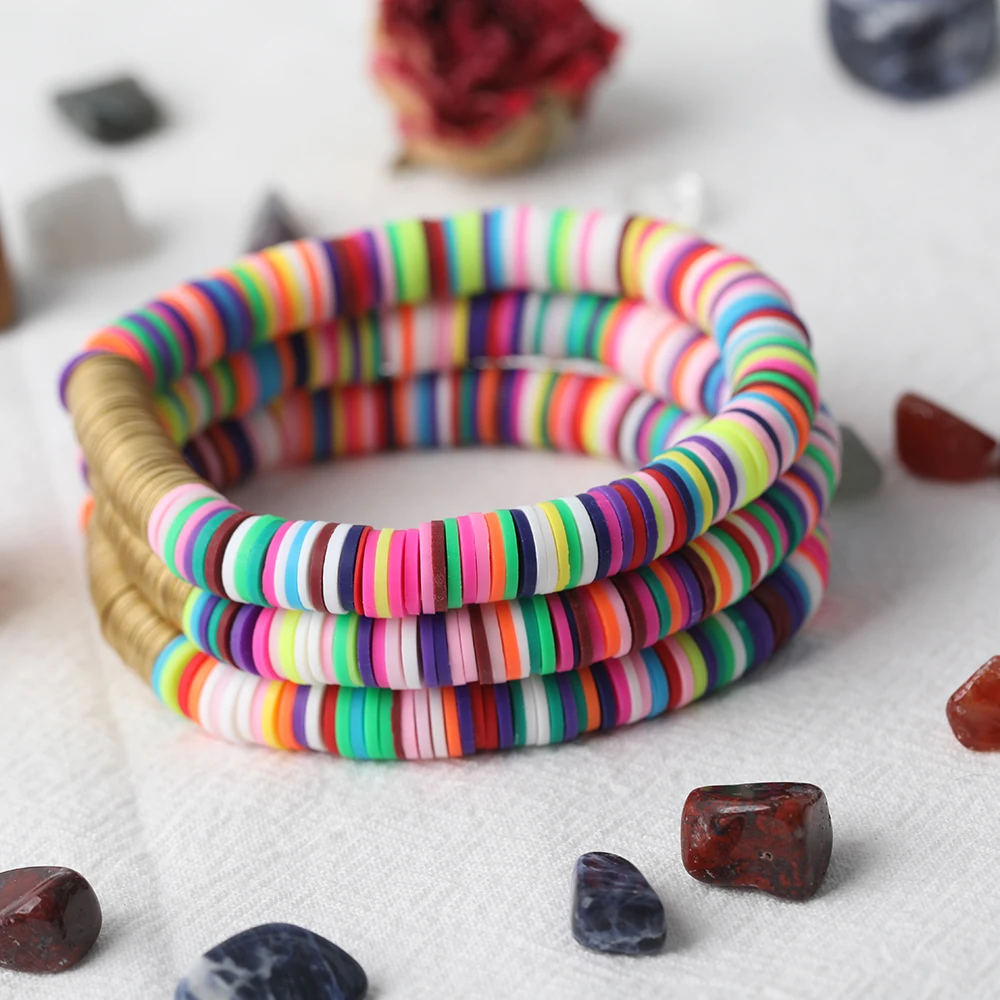 10Pcs/Lot 8mm Rainbow Polymer Clay Disc Heishi Beads Elastic String Bracelet Bohemia Summer Women Vinyl Beads Bracelet Jewelry