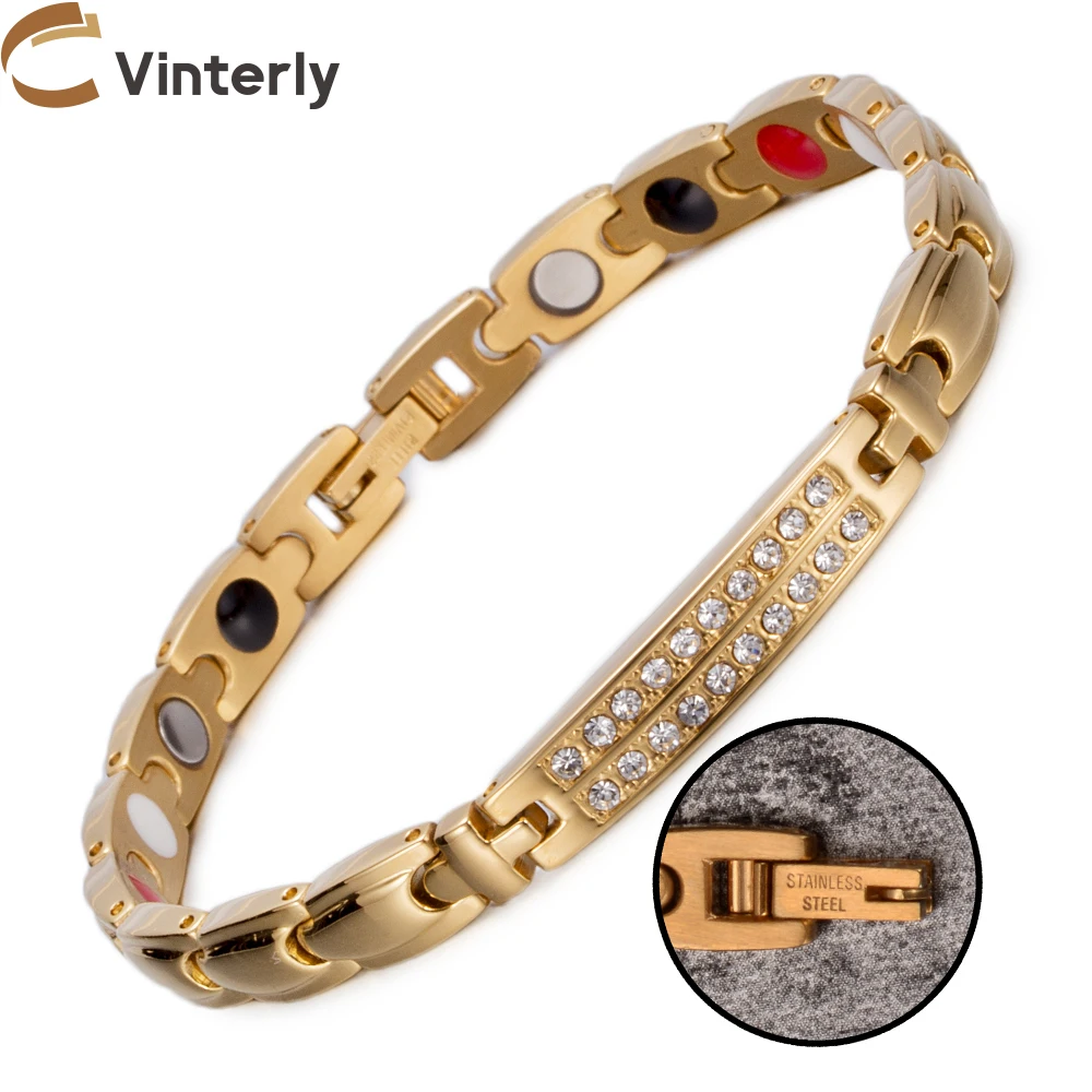 

Vinterly Energy Magnetic Bracelets for Women Gold Color Crystal Chain Link Bracelets Stainless Steel Germanium ID Bracelet Femme
