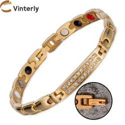 Vinterly Energy Magnetic Bracelets for Women Gold Color Crystal Chain Link Bracelets Stainless Steel Germanium ID Bracelet Femme