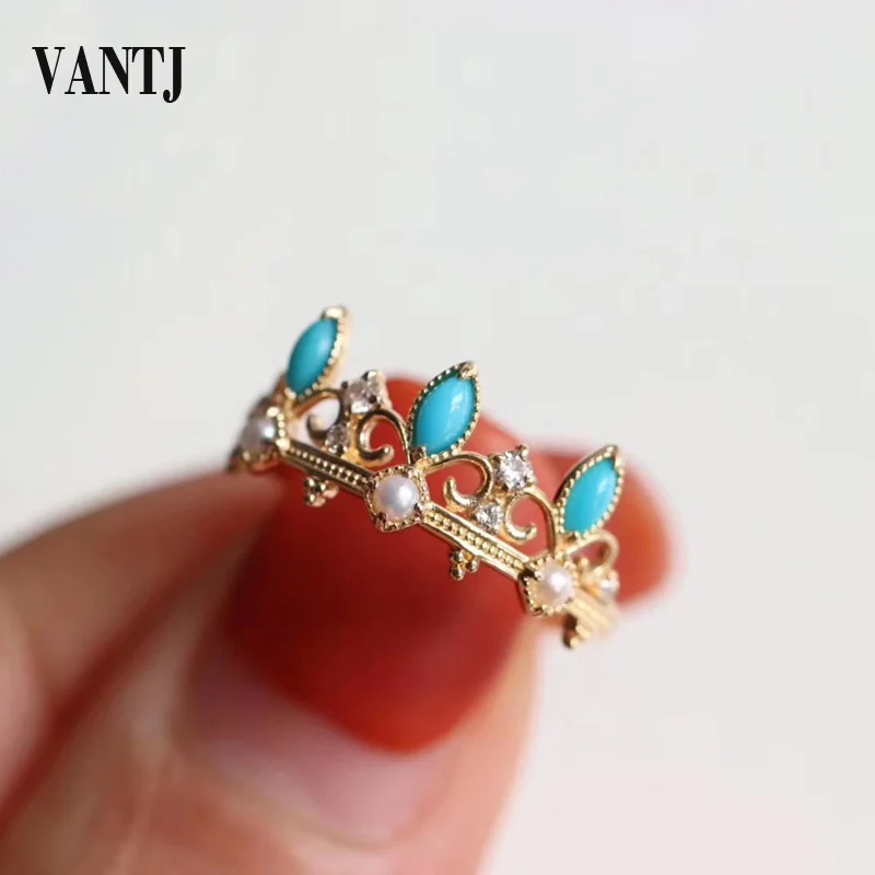 VANTJ Natural Turquoise Rings Sterling Real 14K Gold Diamond Pearl Fine Jewelry For Women Lady Party Wedding Gift With Box