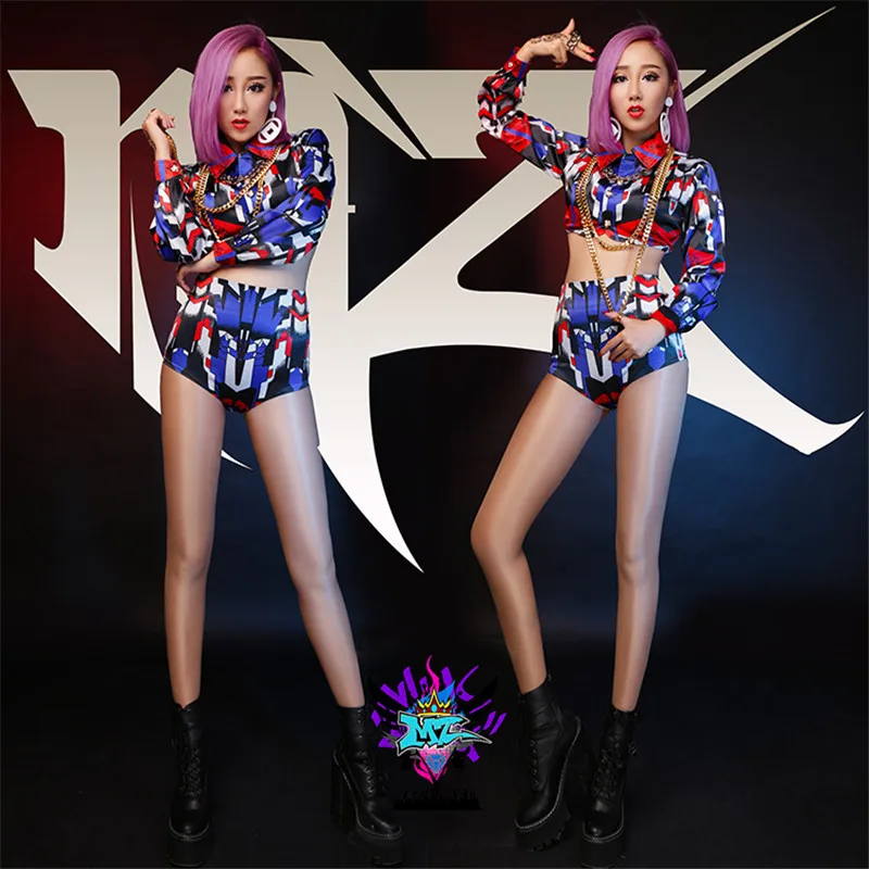 2020 New Women's Blue red geometric print Set Stage Wear Female Singer Dance Show Sexy Costume Outfit Sets（Shirt + shorts）