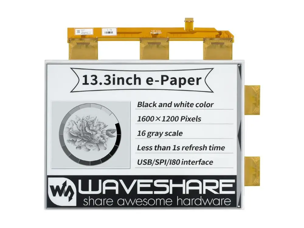 

13.3inch e-Paper,E-Paper E-Ink Raw Display, 1600×1200 Pixels, Black / White, 16 Grey Scales, Parallel Port, Without PCB