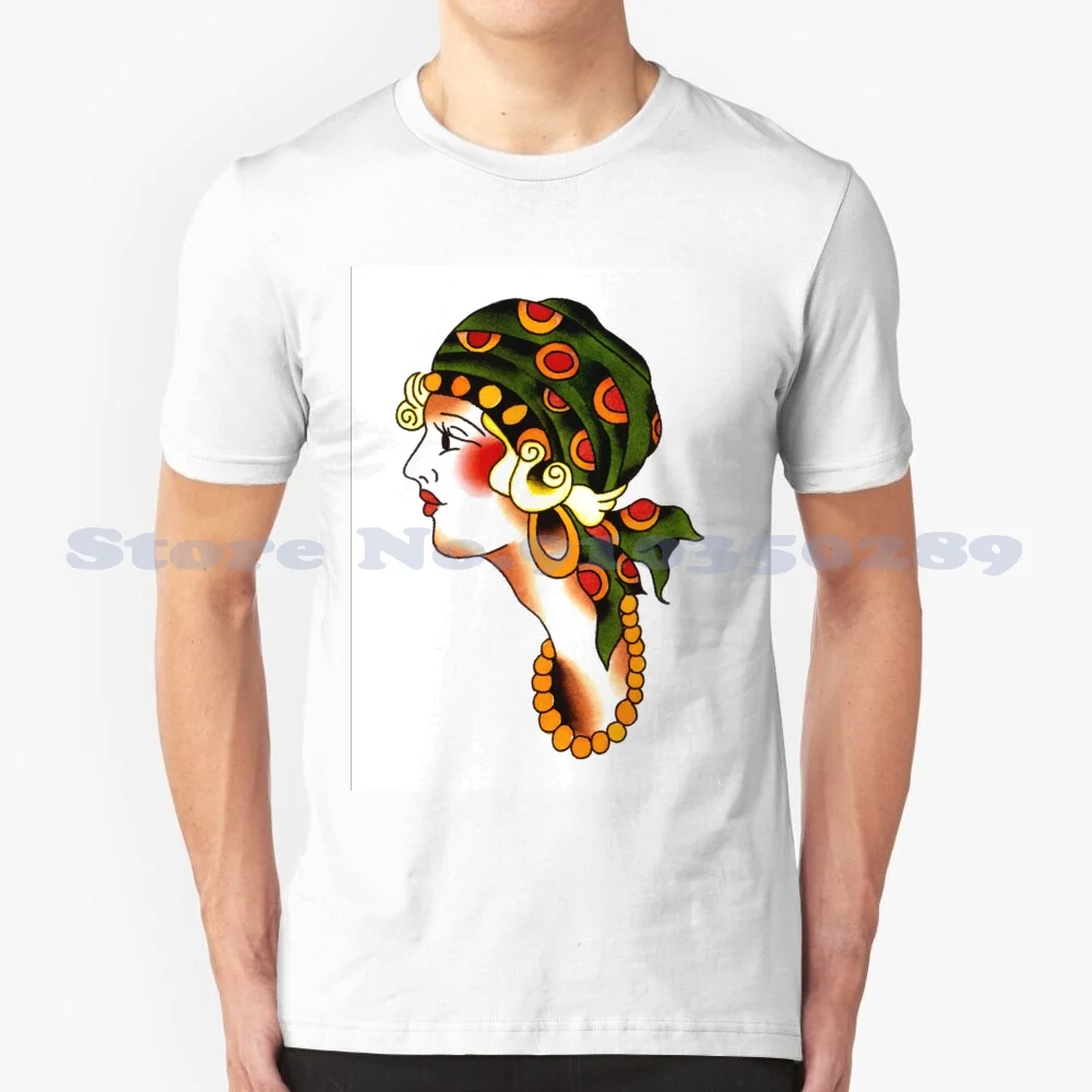 Woman Lady Gypsy Cute Traditional Tattoo Spitshade 100% Cotton T-Shirt Womens Lady Gypsy Cute Traditional Tattoo Spitshade