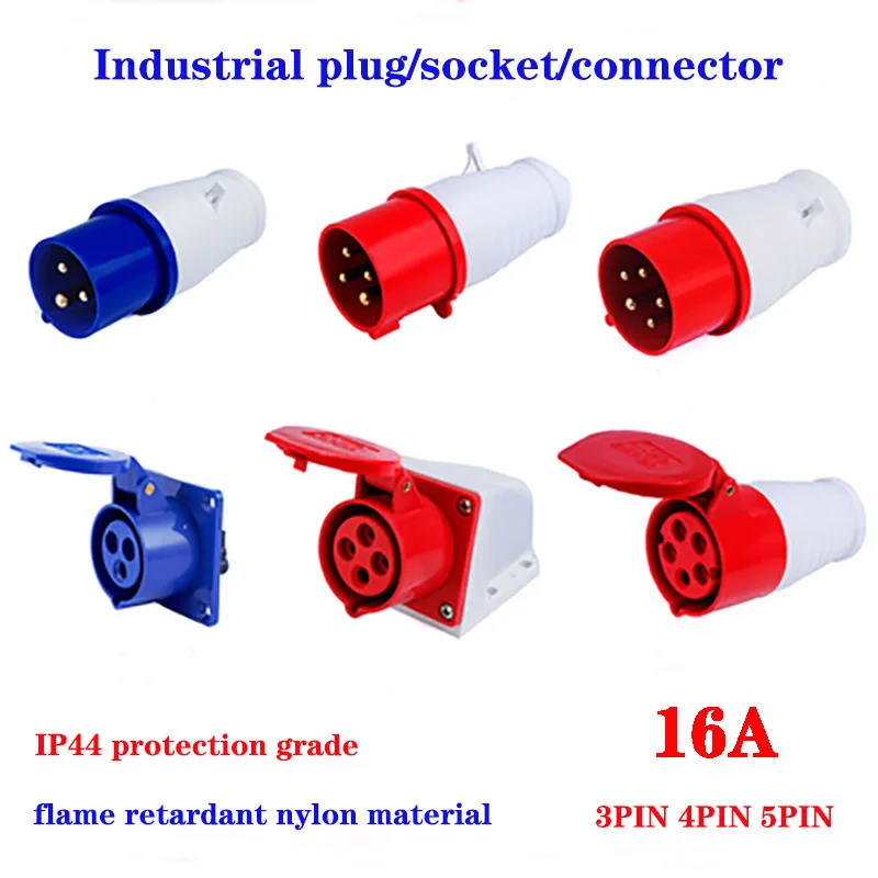 16A  Industrial Plug And Socket Waterproof Connector 3PIN 4PIN 5PIN  IP44 Waterproof Electrical Connection Wall Mount Socket