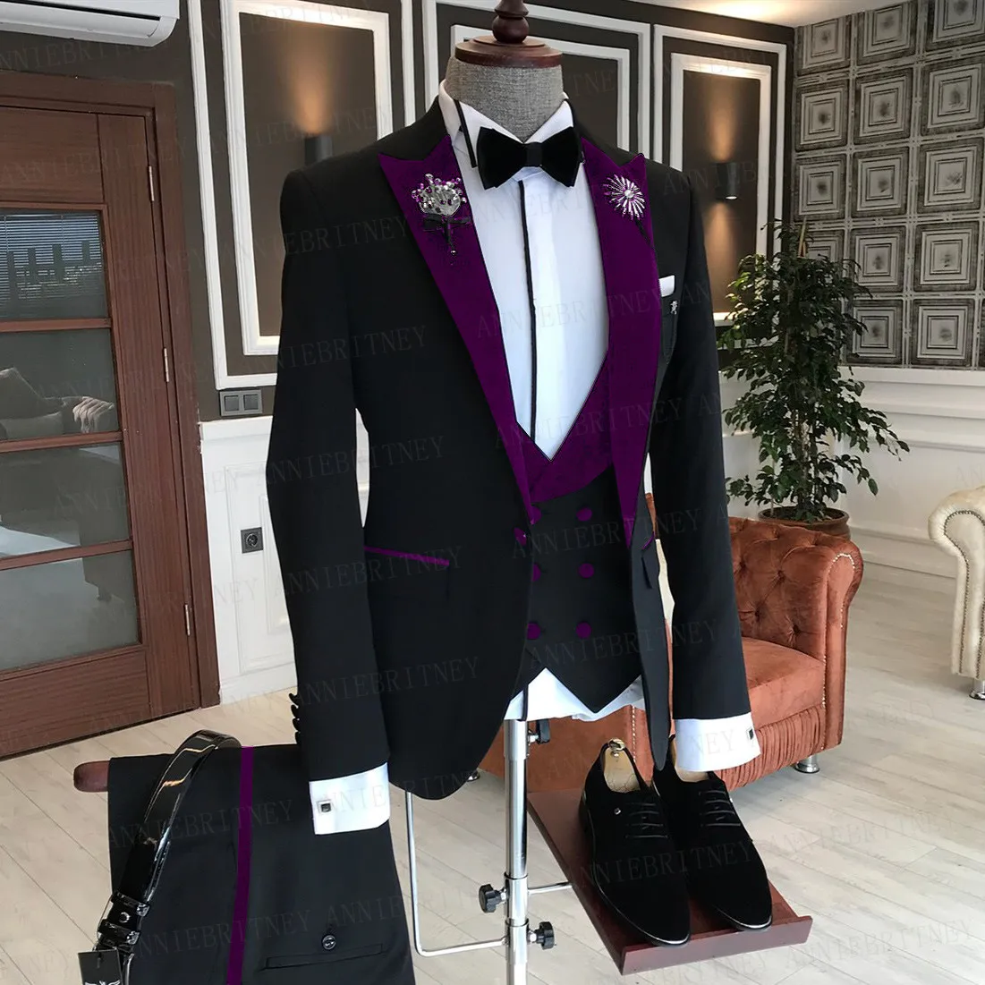 Costume formel 3 pièces pour hommes, veste d'affaires, costume de mariage personnalisé à la mode pour marié, smoking bleu velours, Blazer à revers, pantalon, 2021