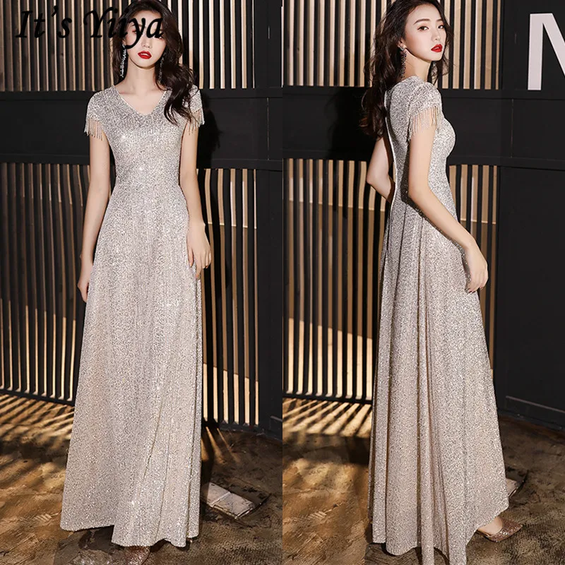 It\'s YiiYa Evening Dress V-Neck Short Sleeve Sequined A-Line Evening Dress 2020 Floor-Length Plus Size Robe De Soiree K154