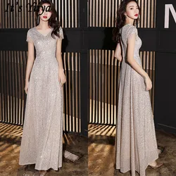 It's YiiYa Evening Dress V-Neck Short Sleeve Sequined A-Line Evening Dress 2020 Floor-Length Plus Size Robe De Soiree K154