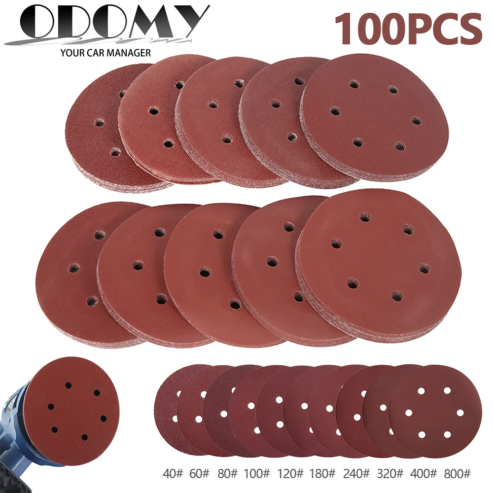 100pc 150mm 6 Hole Disc Polish Sand Paper Sanding Machine Flocking Sandpaper Grinding Sanding Sheets Grit Paper Tool Accessories