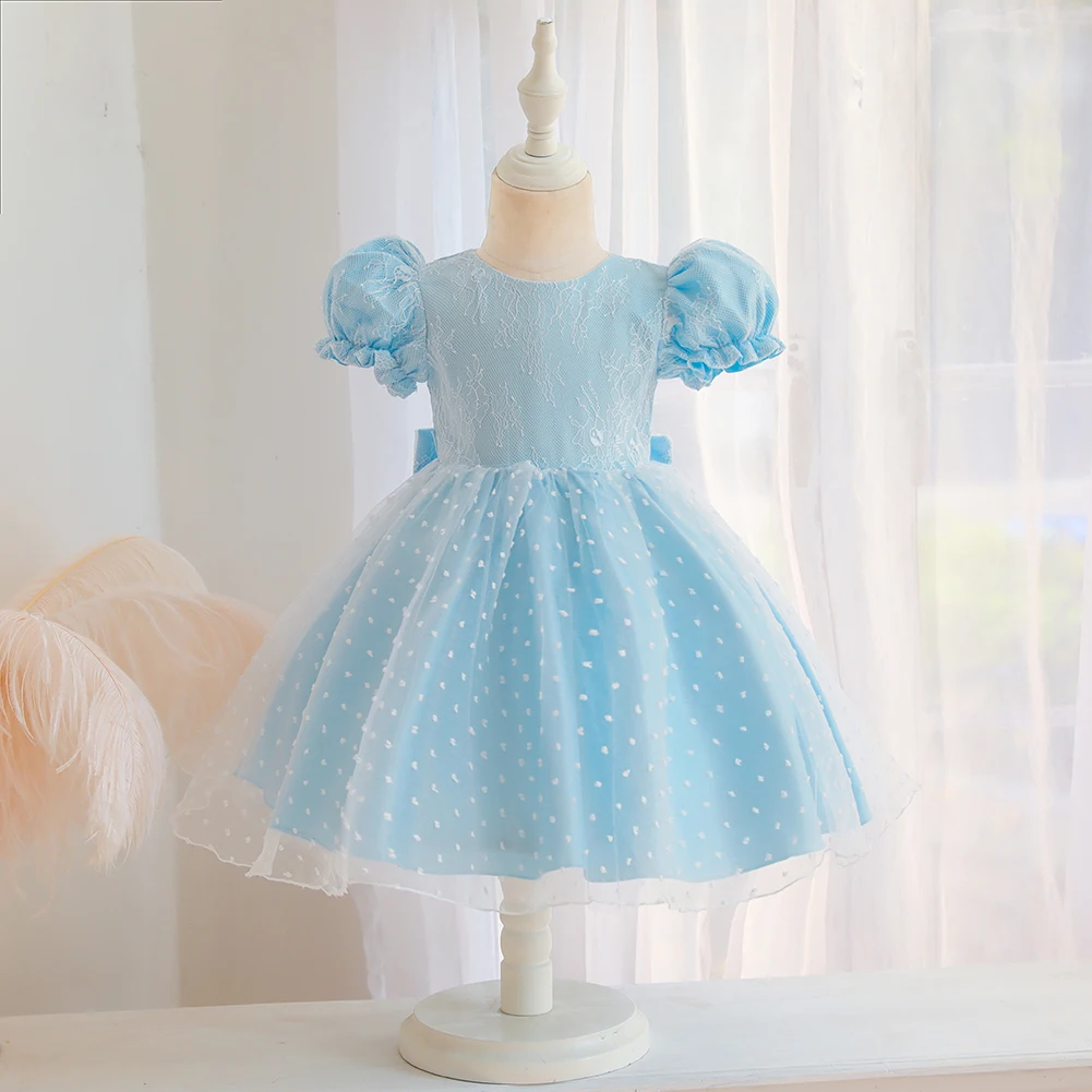 Hetiso Princess Lace Dots Puff Sleeve Cute Cotton Lining Pink Blue Summer Baby Girl Dress for 1 Years Birthday Party robe 6M-4T