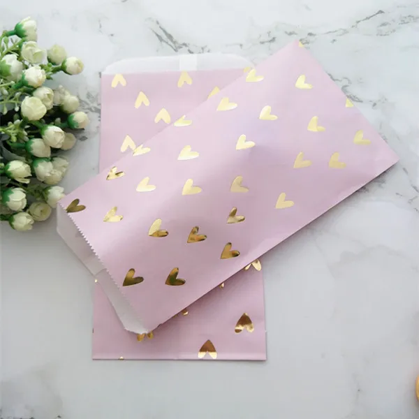 25pcs Food Goody Paper Bags Violet/Blush Pink with Foil Gold Heart for Wedding Birthday Baby Shower Party Candy Packaging Favor