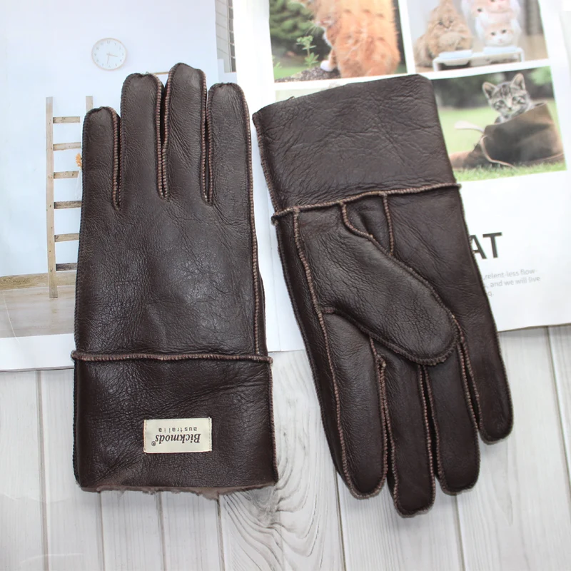 New winter warm men\'s sheepskin fur gloves leather thick wool outdoor wind and cold gloves