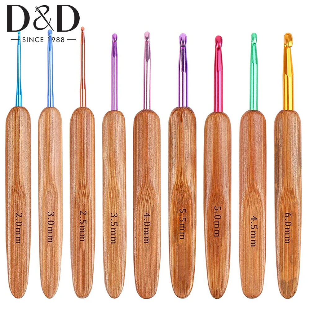 

9Pcs Crochet Hook Set Long Aluminum Knitting Needle with Bamboo Handle for Yarn Craft DIY Knitting Tool 2-6mm Weaving Needles