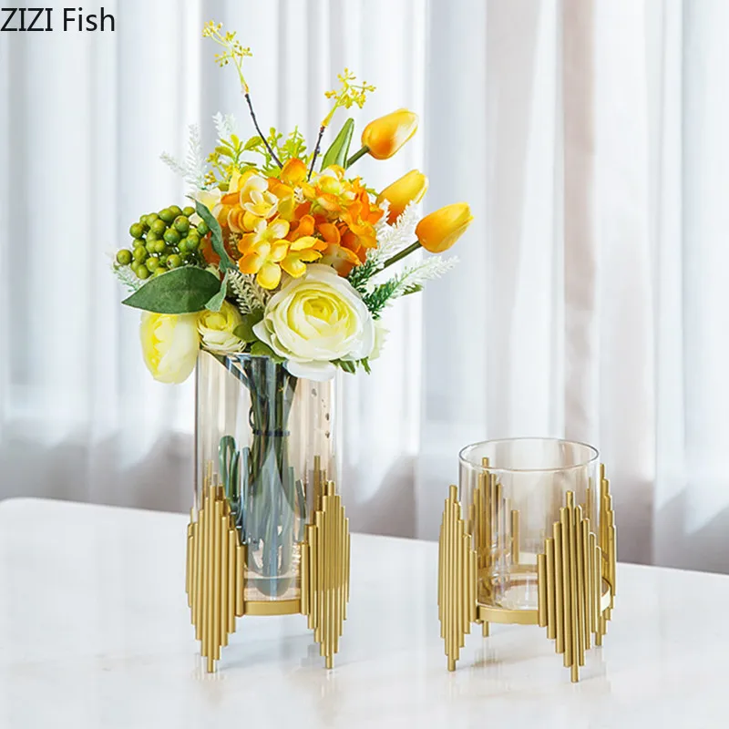 Creativity glass vase Golden metal frame geometry Transparent highfoot hydroponic flower arrangement Flower vase Home Decoration