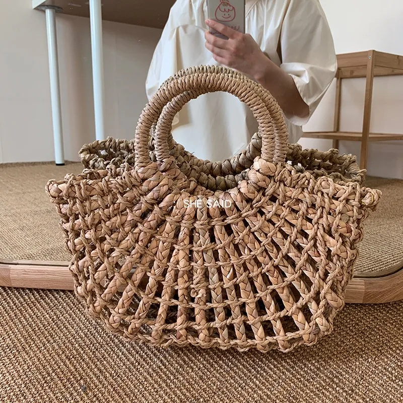 NEW Fashion Women Tote Bag Rattan Cotton Rope Hollow Straw Woven Summer Beach Bag Casual Handmade Female Shoulder Bags Sac