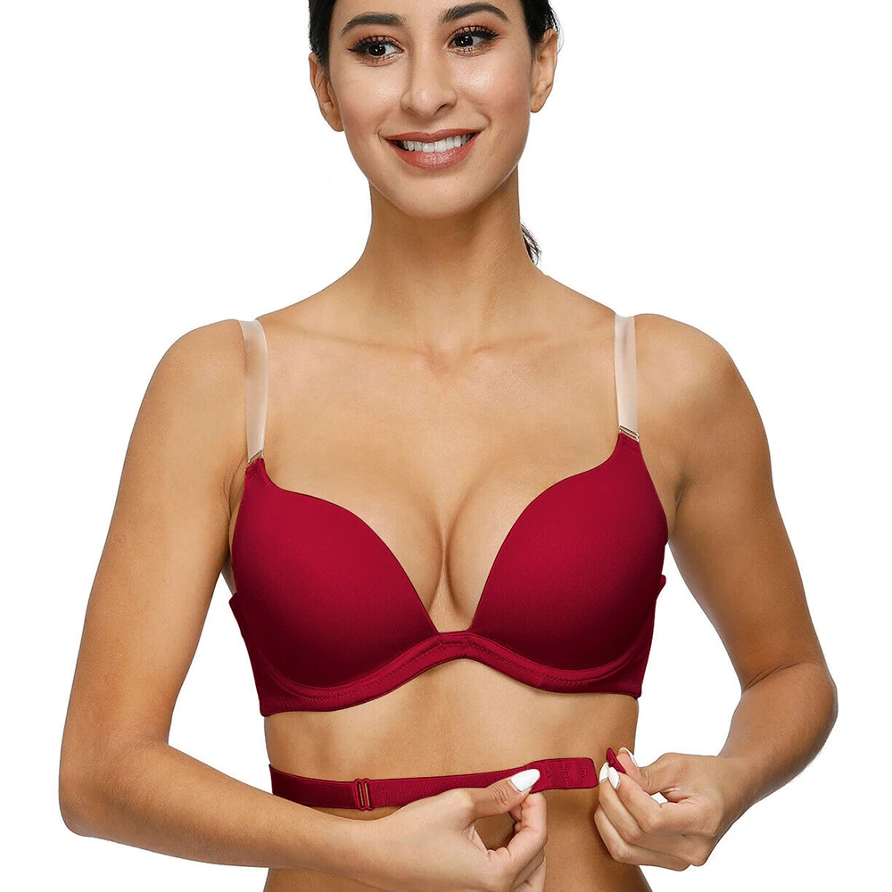 Red Bra Push Up Bras for Women Deep Plunge V Neck Lingerie Clear Straps Multiway Women's Underwear 30-44 Size A B C D E