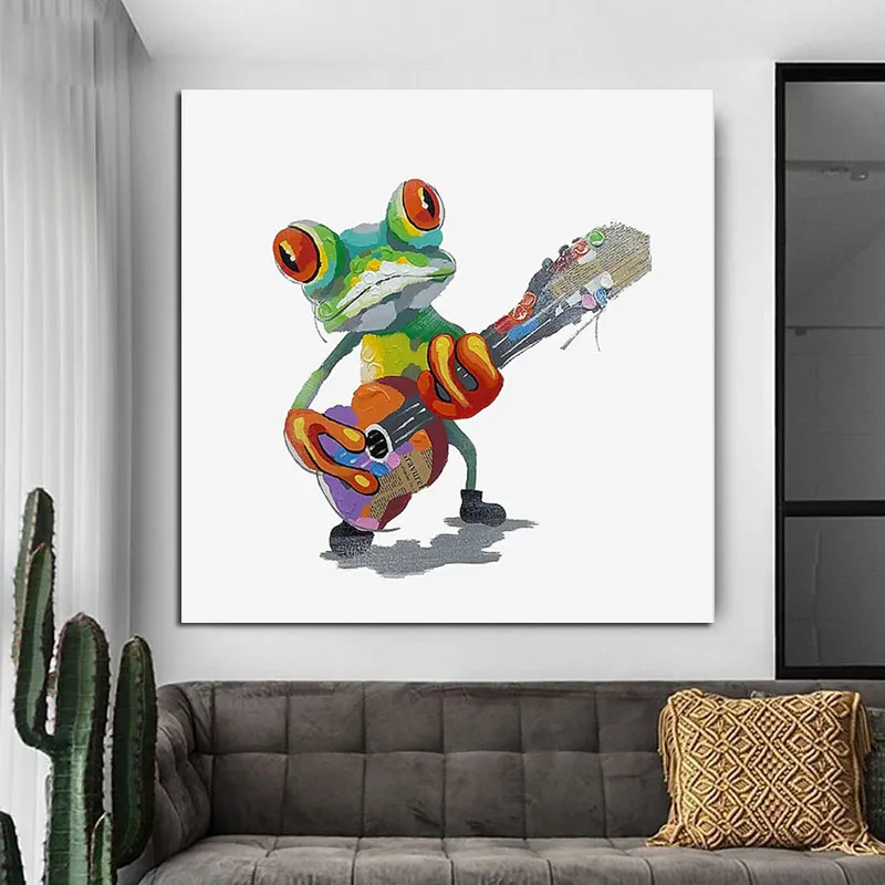 

100% Handmade Modern Cartoon Funny Animal Abstract Oil Paintings Frog Paly Guitar Children Room Decoration Wall Pictures