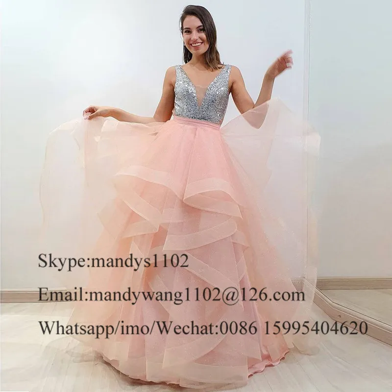 2021Blushing Pink Quinceanera Dresses Long Sexy V-neck Tiered Tulle Dress 15 Years Puffy Ball Gown Vestidos de quinceañera